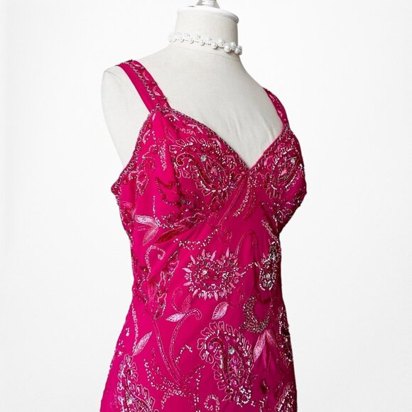 Vintage Pink Floral Beaded Midi Babydoll Bodycon Cocktail Dress Size L - Picture 9 of 11